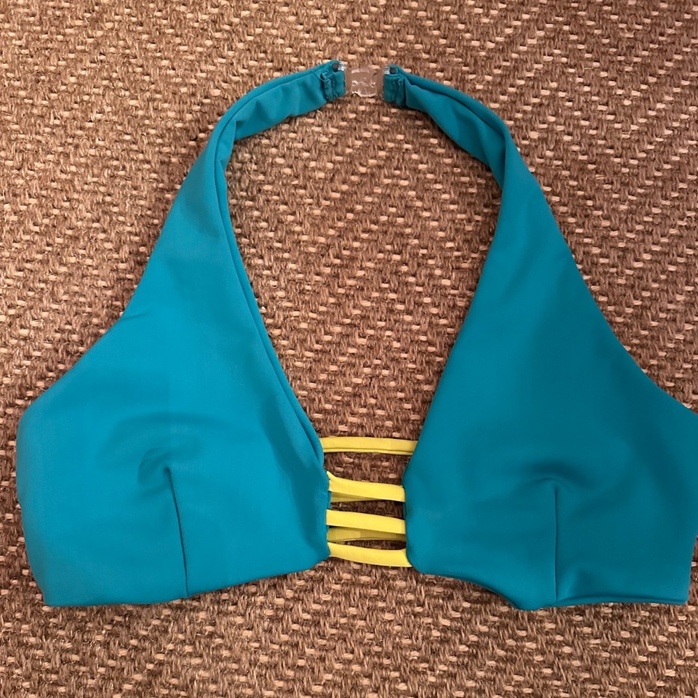 Women's Teal Halter Bikini Top with Yellow Accent
